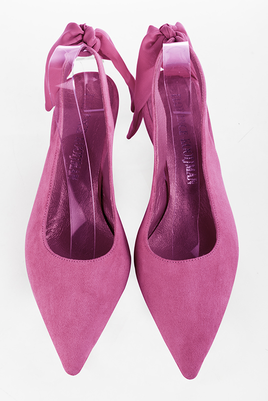 Fuschia pink women's slingback shoes. Pointed toe. Medium slim heel. Top view - Florence KOOIJMAN